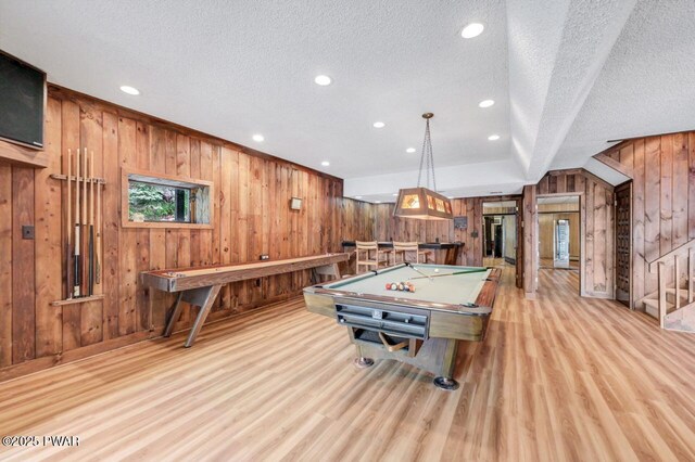 518 Lakeview Dr E, Lake Ariel, PA 18436 - recreation room with wood walls, pool table, a textured ceiling, light wood finished floors, and recessed lighting