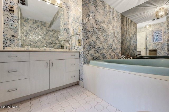 518 Lakeview Dr E, Lake Ariel, PA 18436 - full bathroom with vanity, wallpapered walls, a bath, and tile patterned floors