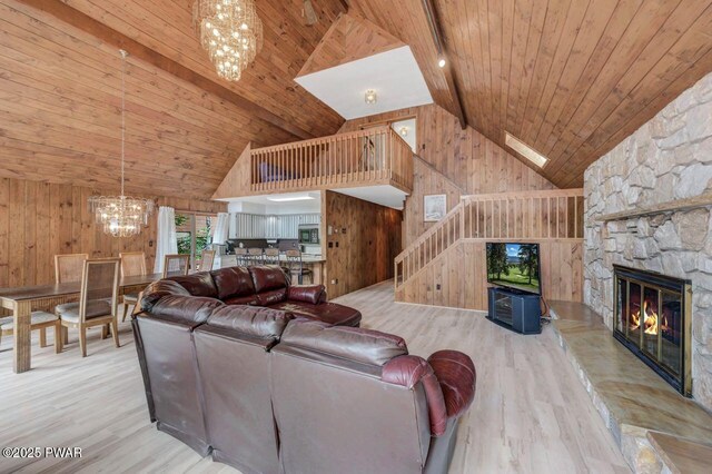 518 Lakeview Dr E, Lake Ariel, PA 18436 - living area with a chandelier, high vaulted ceiling, wooden ceiling, wood finished floors, and wooden walls