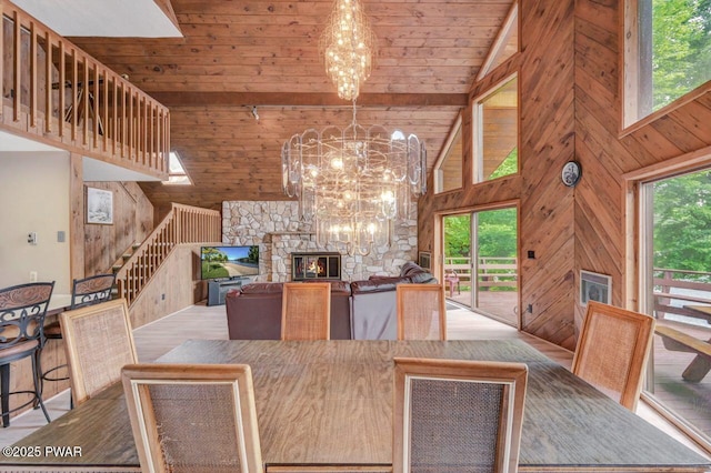 518 Lakeview Dr E, Lake Ariel, PA 18436 - dining space with a chandelier, plenty of natural light, wooden walls, high vaulted ceiling, and a wood ceiling with exposed beams