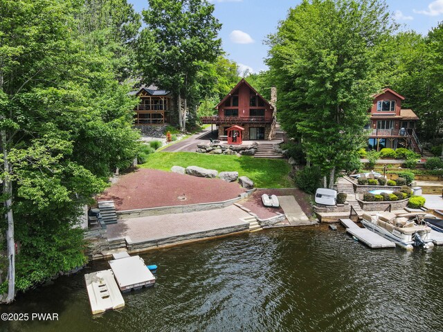 518 Lakeview Dr E, Lake Ariel, PA 18436 - dock area with stairway, a deck with water view, and a yard