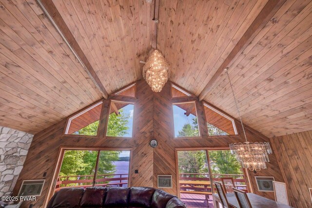 518 Lakeview Dr E, Lake Ariel, PA 18436 - living room with a chandelier, a wooden ceiling with exposed beams, wood walls, and high vaulted ceiling