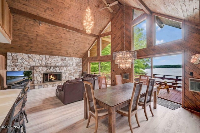 518 Lakeview Dr E, Lake Ariel, PA 18436 - dining space with high vaulted ceiling, a wood ceiling with exposed beams, a chandelier, wooden walls, and wood finished floors