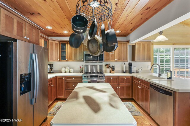 58 Rude Rd, Waymart, PA 18472 - kitchen with appliances with stainless steel finishes, light countertops, light wood-style floors, wooden ceiling, and a peninsula
