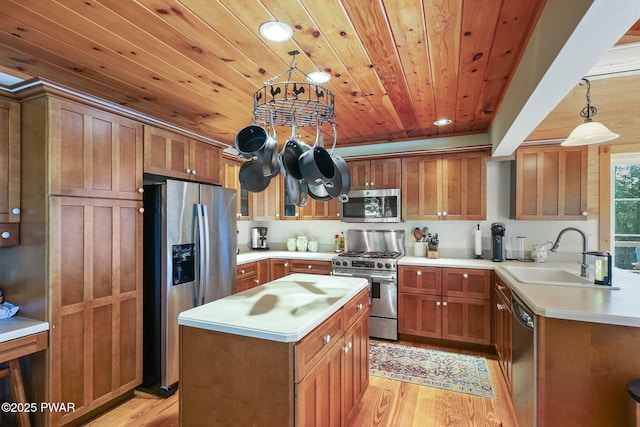 58 Rude Rd, Waymart, PA 18472 - kitchen featuring stainless steel appliances, wooden ceiling, light wood-style flooring, light countertops, and recessed lighting