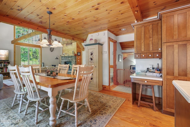 58 Rude Rd, Waymart, PA 18472 - dining space with light wood-style floors, a stone fireplace, wooden ceiling, and a chandelier
