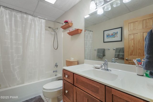58 Rude Rd, Waymart, PA 18472 - bathroom with vanity, a drop ceiling, and shower / bath combo with shower curtain