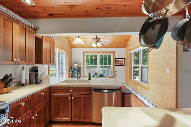 58 Rude Rd, Waymart, PA 18472 - kitchen with dishwasher, a peninsula, wood ceiling, a baseboard heating unit, and plenty of natural light