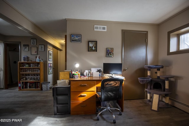 office space with a baseboard radiator, wood finished floors, visible vents, and ornamental molding