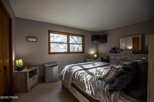 bedroom featuring light colored carpet