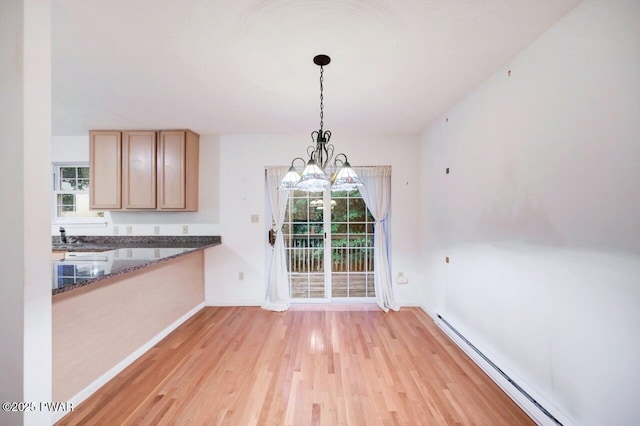 102 Eagle Rock Rd, Lackawaxen, PA 18435 - unfurnished dining area featuring a baseboard radiator, a chandelier, and light wood finished floors