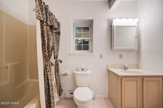 102 Eagle Rock Rd, Lackawaxen, PA 18435 - bathroom featuring baseboard heating, vanity, tile patterned flooring, and shower / bath combination with curtain