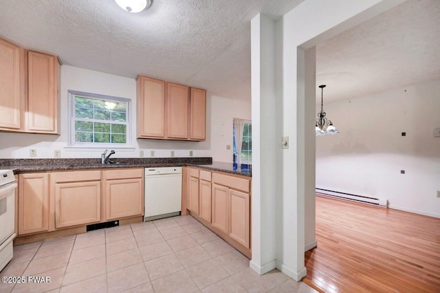 102 Eagle Rock Rd, Lackawaxen, PA 18435 - kitchen with dishwasher, a baseboard heating unit, light brown cabinets, a textured ceiling, and stove