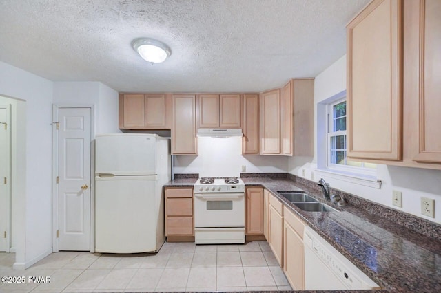 102 Eagle Rock Rd, Lackawaxen, PA 18435 - kitchen featuring white appliances, under cabinet range hood, light brown cabinetry, a textured ceiling, and light tile patterned floors