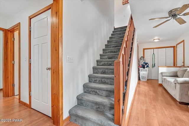 stairway featuring ceiling fan and wood-type flooring