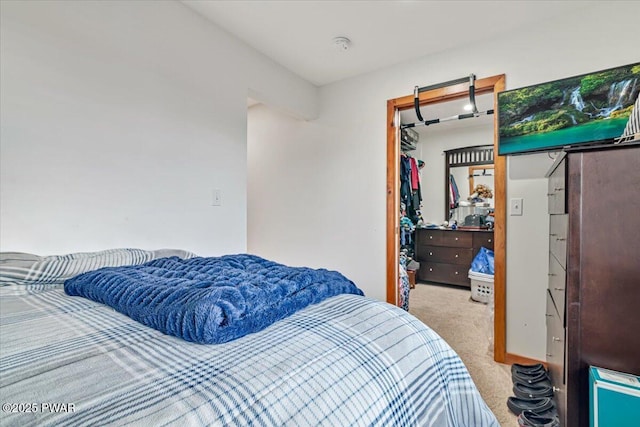 bedroom with a walk in closet, light colored carpet, and a closet