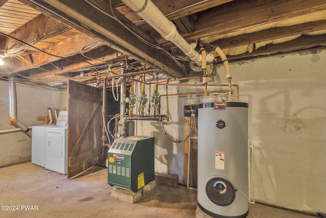 utility room with washer and dryer and water heater