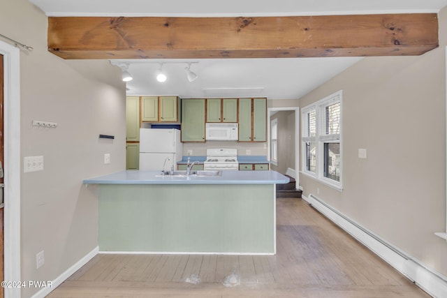 kitchen with sink, baseboard heating, green cabinets, kitchen peninsula, and white appliances