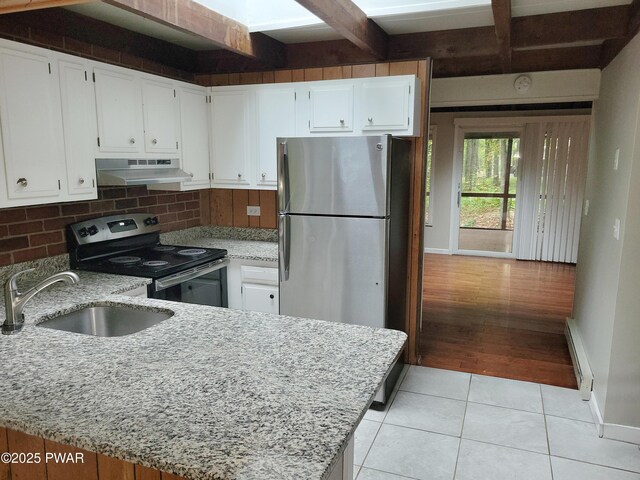 803 Lariat Ct, Hawley, PA 18428 - kitchen featuring under cabinet range hood, appliances with stainless steel finishes, a sink, baseboards, and light stone counters
