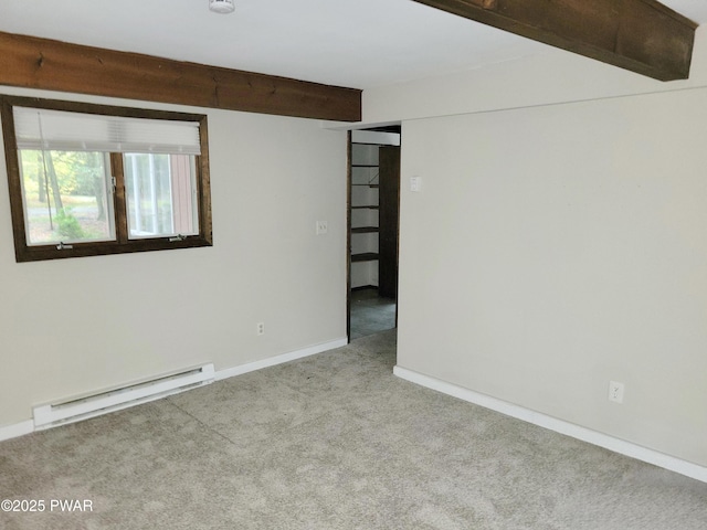 803 Lariat Ct, Hawley, PA 18428 - carpeted empty room with a baseboard radiator, baseboards, beamed ceiling, and a smoke detector