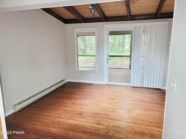 803 Lariat Ct, Hawley, PA 18428 - spare room with a baseboard radiator, light wood-type flooring, wood ceiling with exposed beams, and baseboards