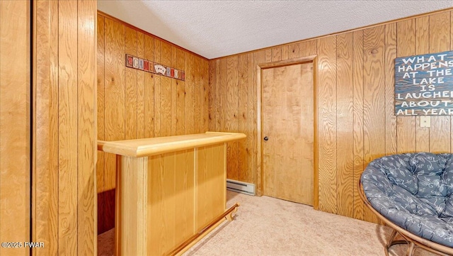 bar with wood walls, a baseboard heating unit, carpet floors, and a textured ceiling