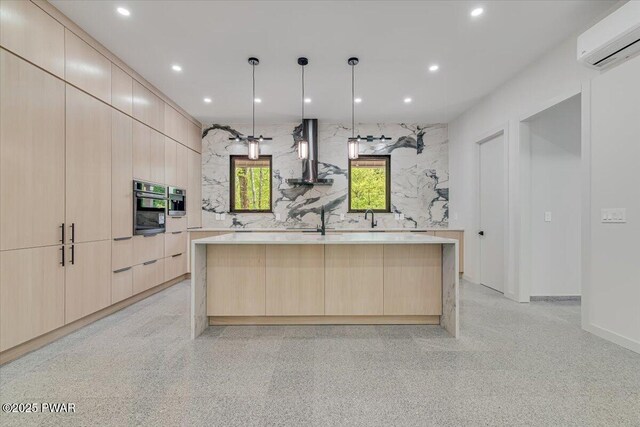 517 Maple Ridge Dr, Lords Valley, PA 18428 - kitchen featuring wall chimney range hood, modern cabinets, light brown cabinets, a wall unit AC, and recessed lighting