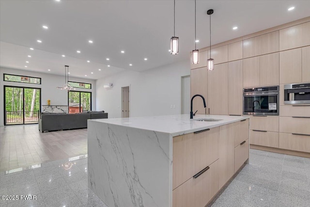 517 Maple Ridge Dr, Lords Valley, PA 18428 - kitchen with modern cabinets, stainless steel oven, a sink, light brown cabinets, and recessed lighting
