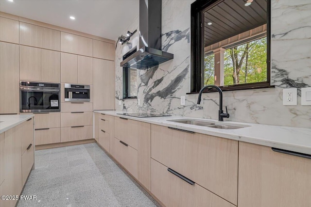 517 Maple Ridge Dr, Lords Valley, PA 18428 - kitchen featuring oven, light brown cabinetry, a sink, modern cabinets, and exhaust hood