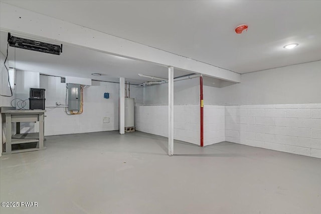 517 Maple Ridge Dr, Lords Valley, PA 18428 - basement featuring electric panel, gas water heater, and concrete block wall