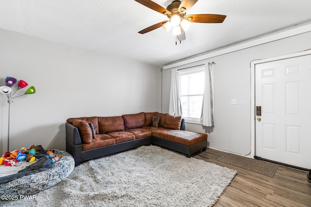 living room featuring ceiling fan, hardwood / wood-style floors, and a textured ceiling