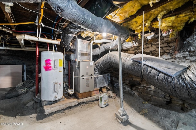 utility room featuring heating unit and water heater