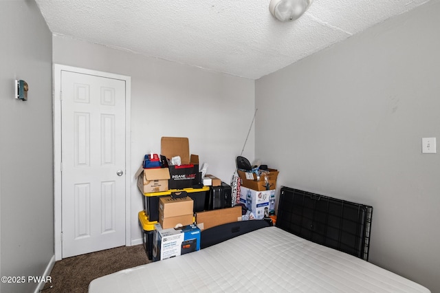 carpeted bedroom with a textured ceiling