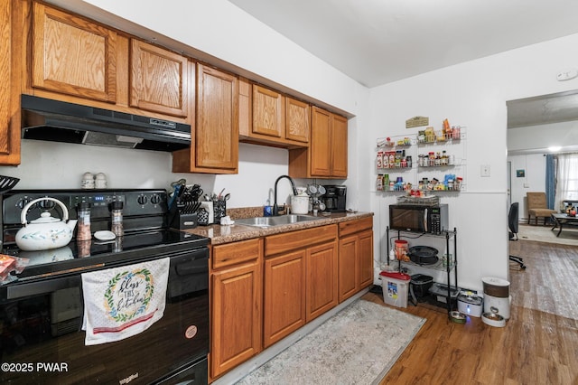 kitchen featuring black appliances, dark stone countertops, sink, and hardwood / wood-style floors