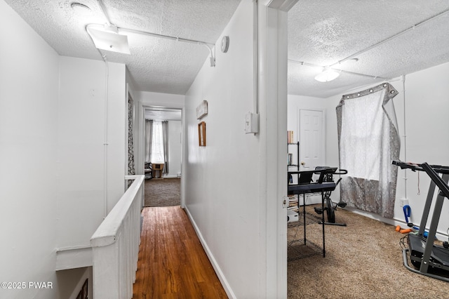 hallway with carpet flooring and a textured ceiling