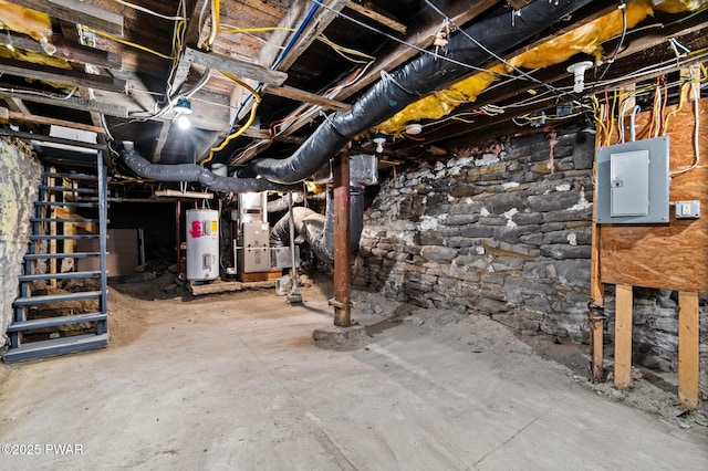 basement with electric water heater and electric panel