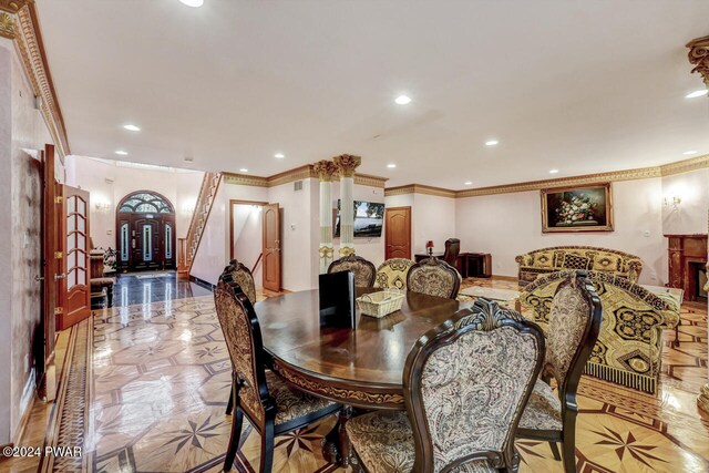 dining room featuring light parquet floors