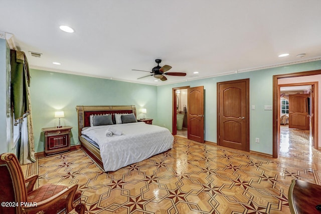 bedroom with ceiling fan and ornamental molding