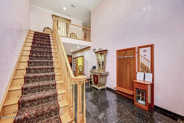 staircase featuring a towering ceiling