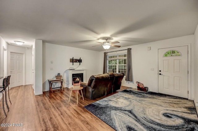 living room with hardwood / wood-style flooring and ceiling fan