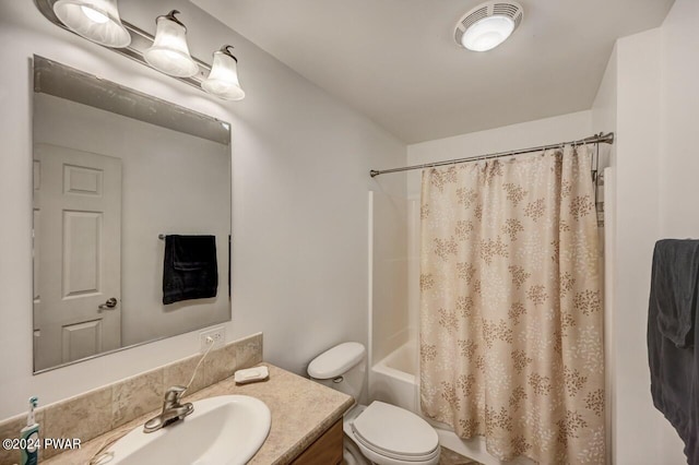 full bathroom with vanity, toilet, and shower / bathtub combination with curtain