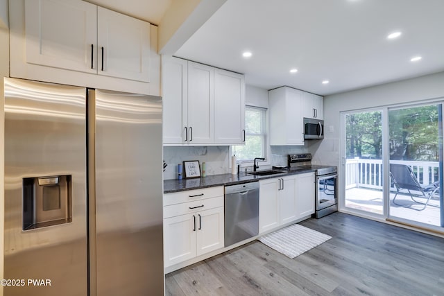 439 Gold Finch Rd, Bushkill, PA 18324 - kitchen featuring appliances with stainless steel finishes, a sink, recessed lighting, white cabinets, and light wood finished floors