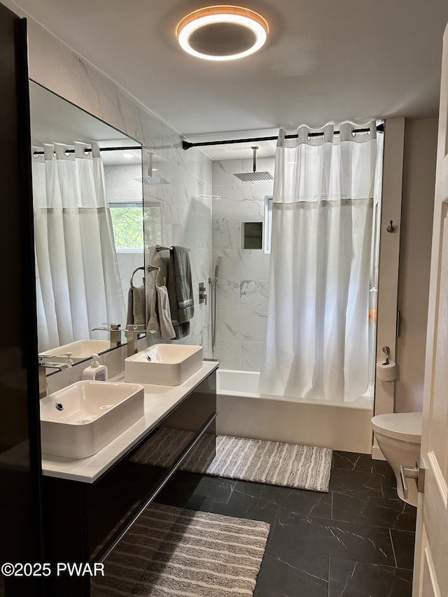 439 Gold Finch Rd, Bushkill, PA 18324 - bathroom with a combined bath / shower with rainfall shower, double vanity, and toilet