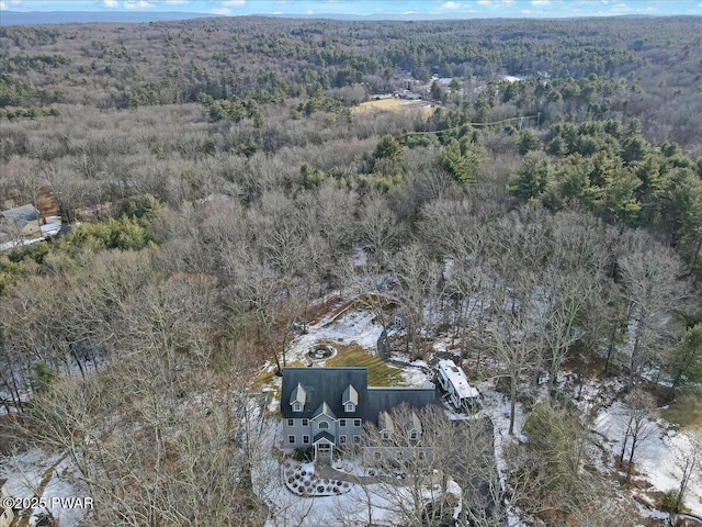 birds eye view of property featuring a forest view