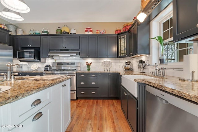 kitchen with light wood-style flooring, a sink, stainless steel appliances, under cabinet range hood, and tasteful backsplash