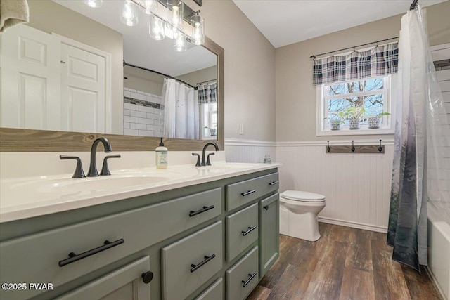 full bathroom with a wainscoted wall, toilet, wood finished floors, and a sink