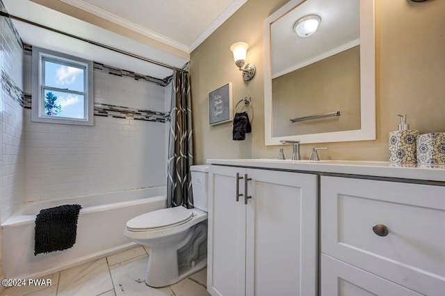 full bathroom featuring shower / bath combo, toilet, crown molding, and vanity