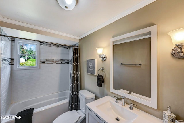 full bathroom featuring vanity, ornamental molding, shower / bath combo, and toilet