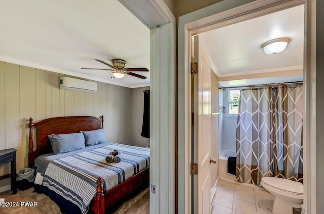 bedroom with ceiling fan, crown molding, and a wall unit AC