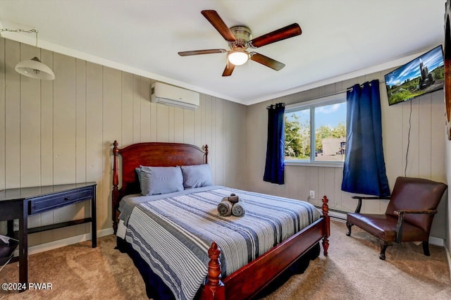 carpeted bedroom with ceiling fan, crown molding, and a wall mounted AC